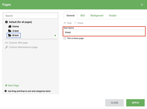 Renaming pages in website builder